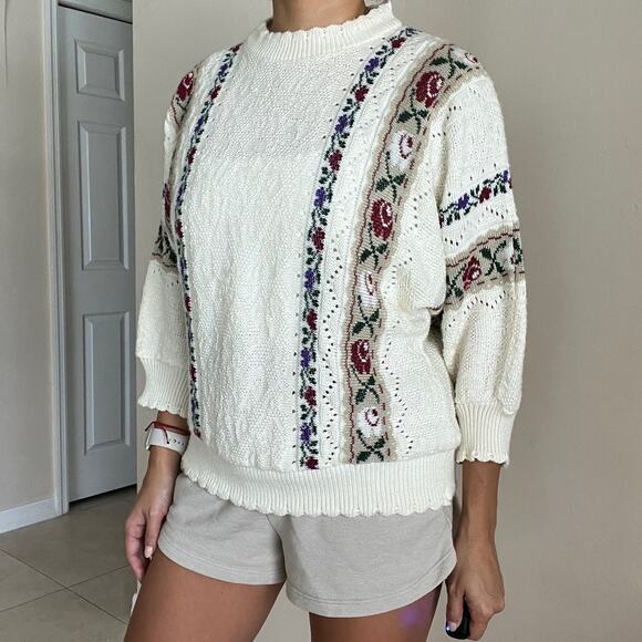 Vintage Bay Point Threads Floral Cream 3/4 Sleeve Sweater Size S - Picture 7 of 8
